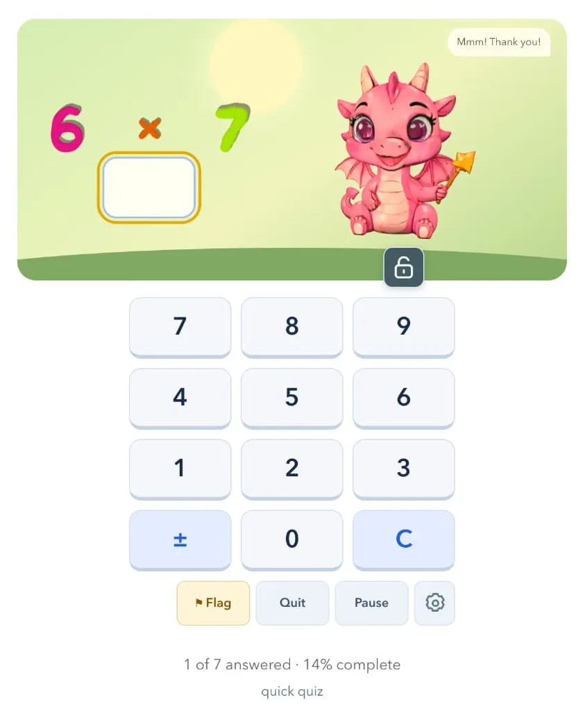 Math Quiz showing 6 × 7 with Pippa, a pink claymation dragon, and an answer keypad.
